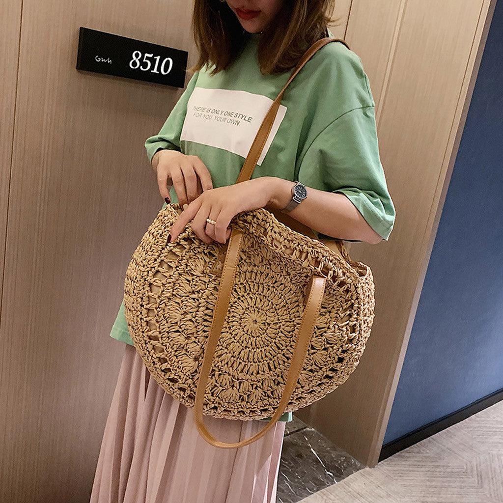 Sac Rond Paille Crochet Creux - Style Bohème Naturel