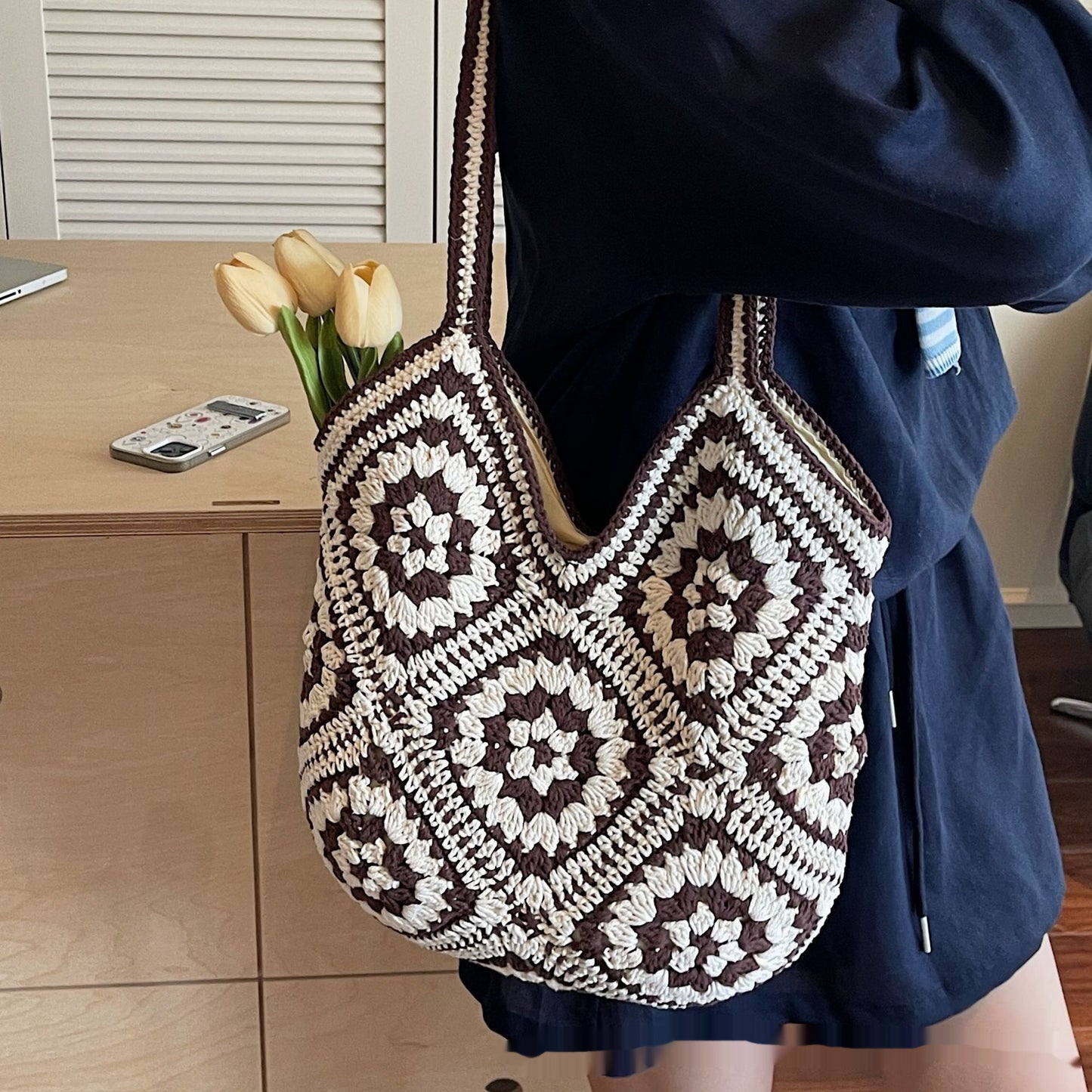 Sac fourre-tout tissé à la main de grande capacité, style rétro ethnique