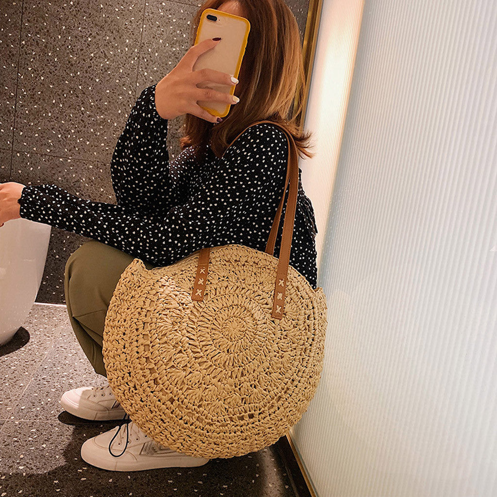 Sac Rond Paille Crochet Creux - Style Bohème Naturel