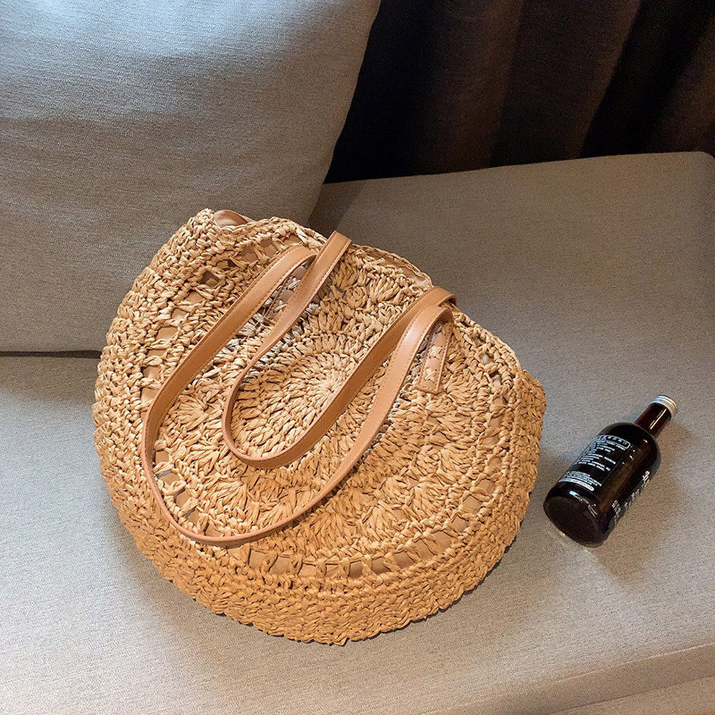 Sac Rond Paille Crochet Creux - Style Bohème Naturel