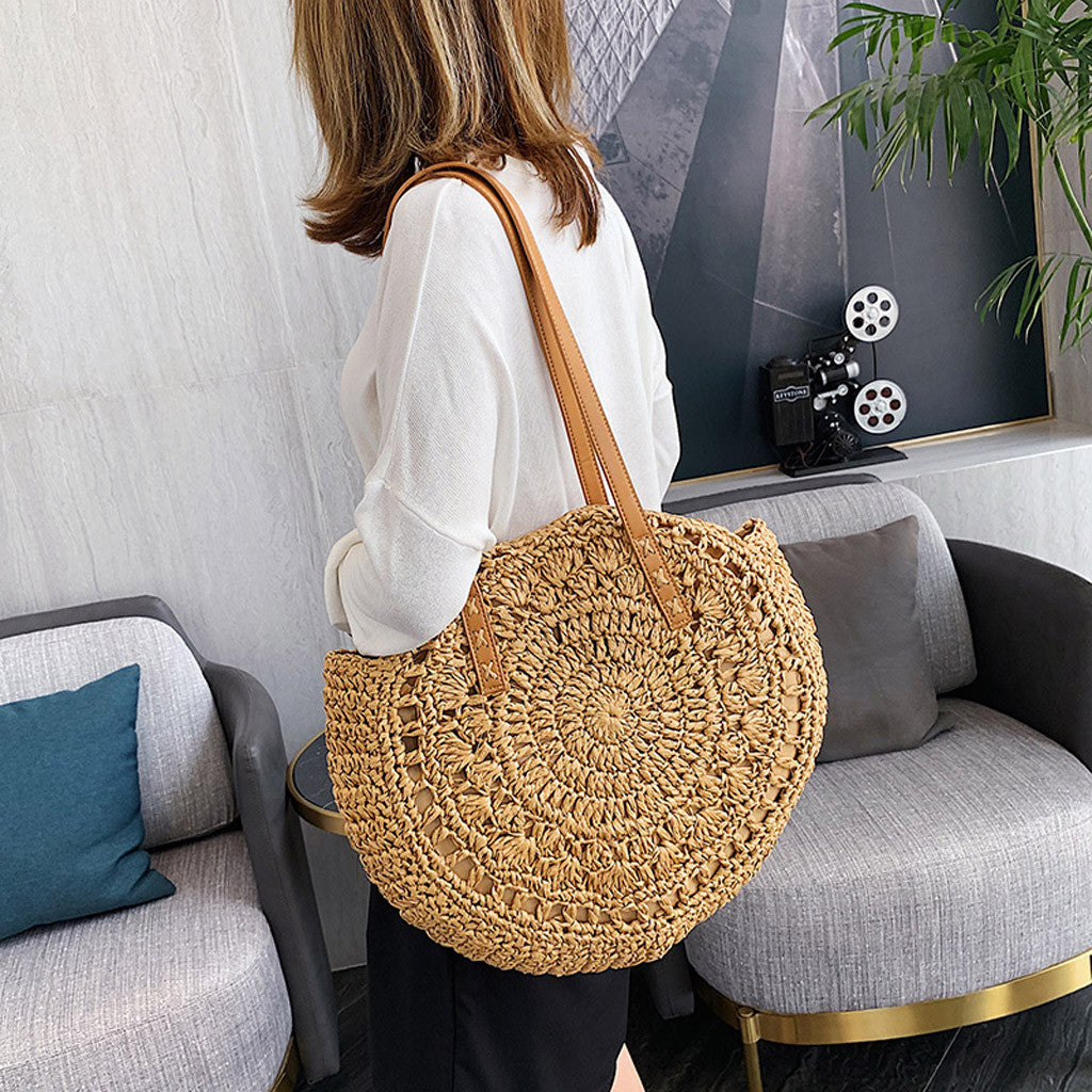 Sac Rond Paille Crochet Creux - Style Bohème Naturel