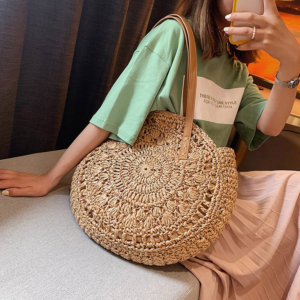 Sac Rond Paille Crochet Creux - Style Bohème Naturel