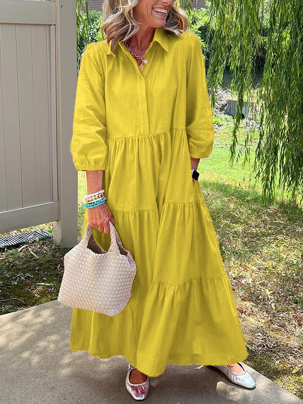 Robe trapèze décontractée à revers amples et manches mi-longues