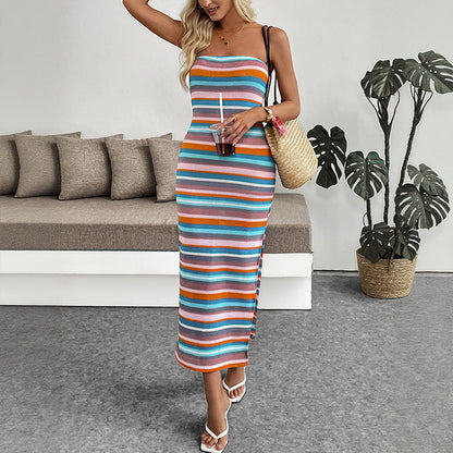 Robe bustier décontractée à rayures brodées pour femme