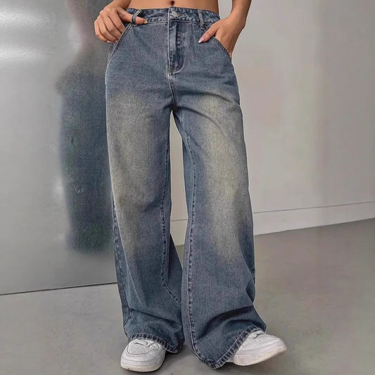 Pantalon en denim vintage délavé pour femme
