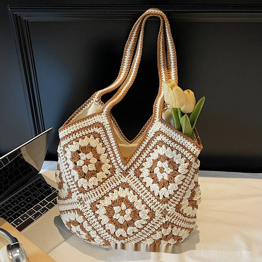 Sac fourre-tout tissé à la main de grande capacité, style rétro ethnique