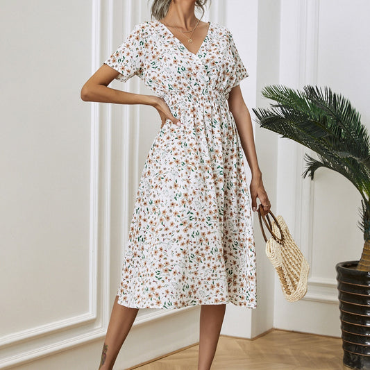 Robe Blanche Florale Taille Haute - Élégance Décontractée Mi-Longue