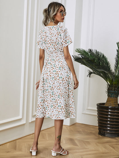 Robe Blanche Florale Taille Haute - Élégance Décontractée Mi-Longue