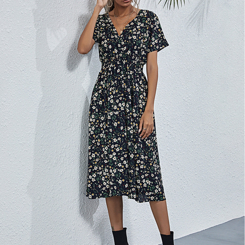 Robe Blanche Florale Taille Haute - Élégance Décontractée Mi-Longue