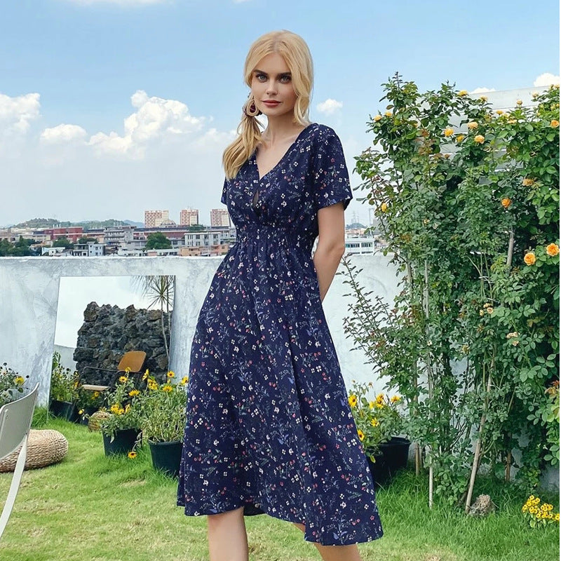Robe Blanche Florale Taille Haute - Élégance Décontractée Mi-Longue