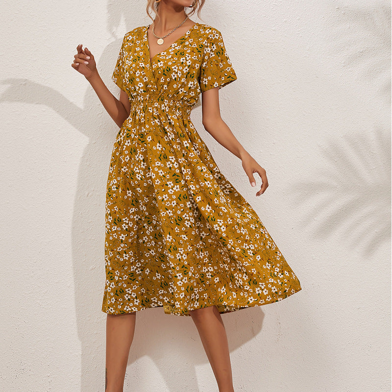 Robe Blanche Florale Taille Haute - Élégance Décontractée Mi-Longue