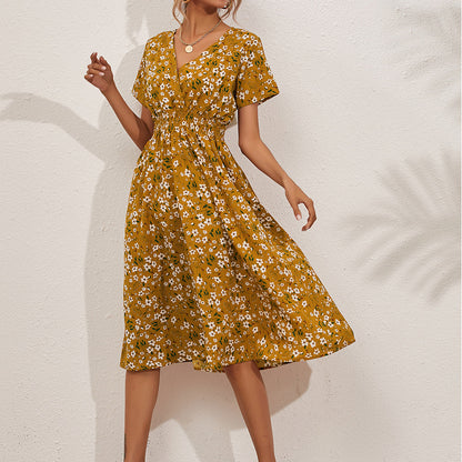 Robe Blanche Florale Taille Haute - Élégance Décontractée Mi-Longue