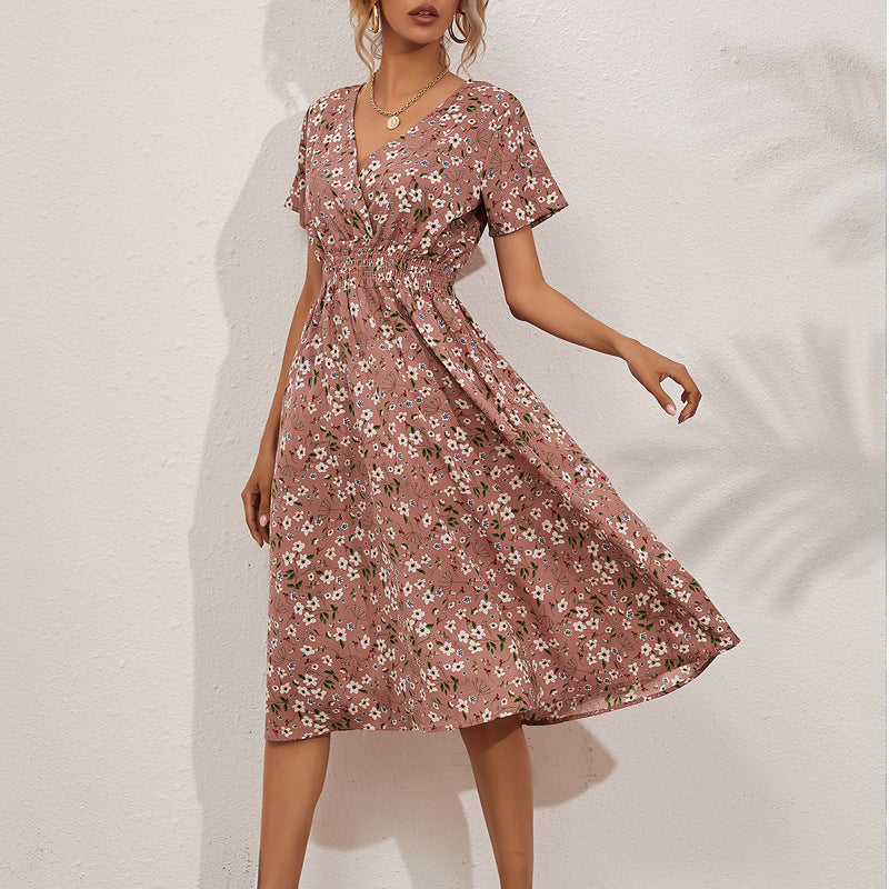 Robe Blanche Florale Taille Haute - Élégance Décontractée Mi-Longue