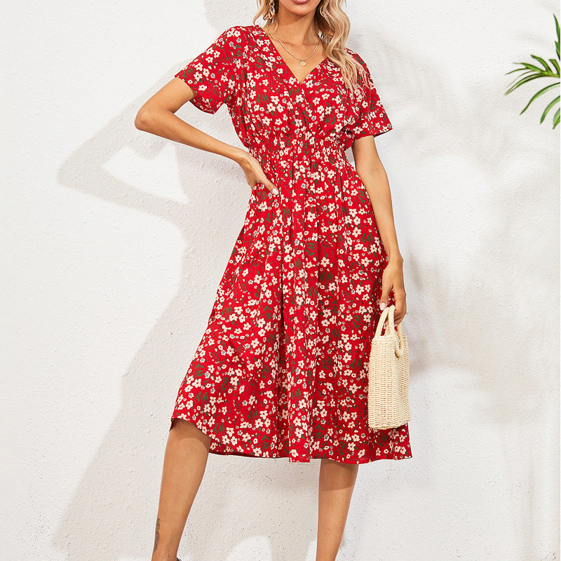 Robe Blanche Florale Taille Haute - Élégance Décontractée Mi-Longue