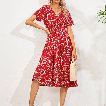 Robe Blanche Florale Taille Haute - Élégance Décontractée Mi-Longue