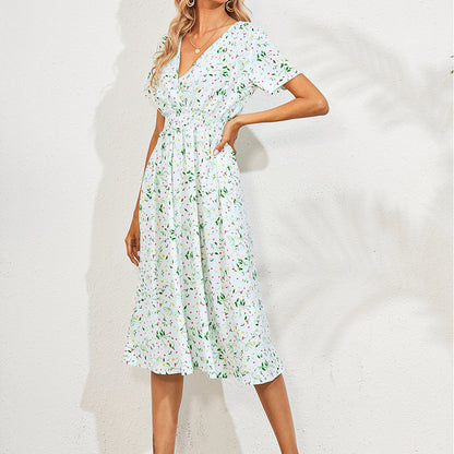 Robe Blanche Florale Taille Haute - Élégance Décontractée Mi-Longue