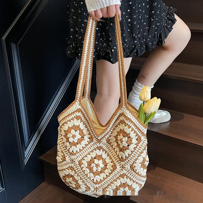 Sac fourre-tout tissé à la main de grande capacité, style rétro ethnique