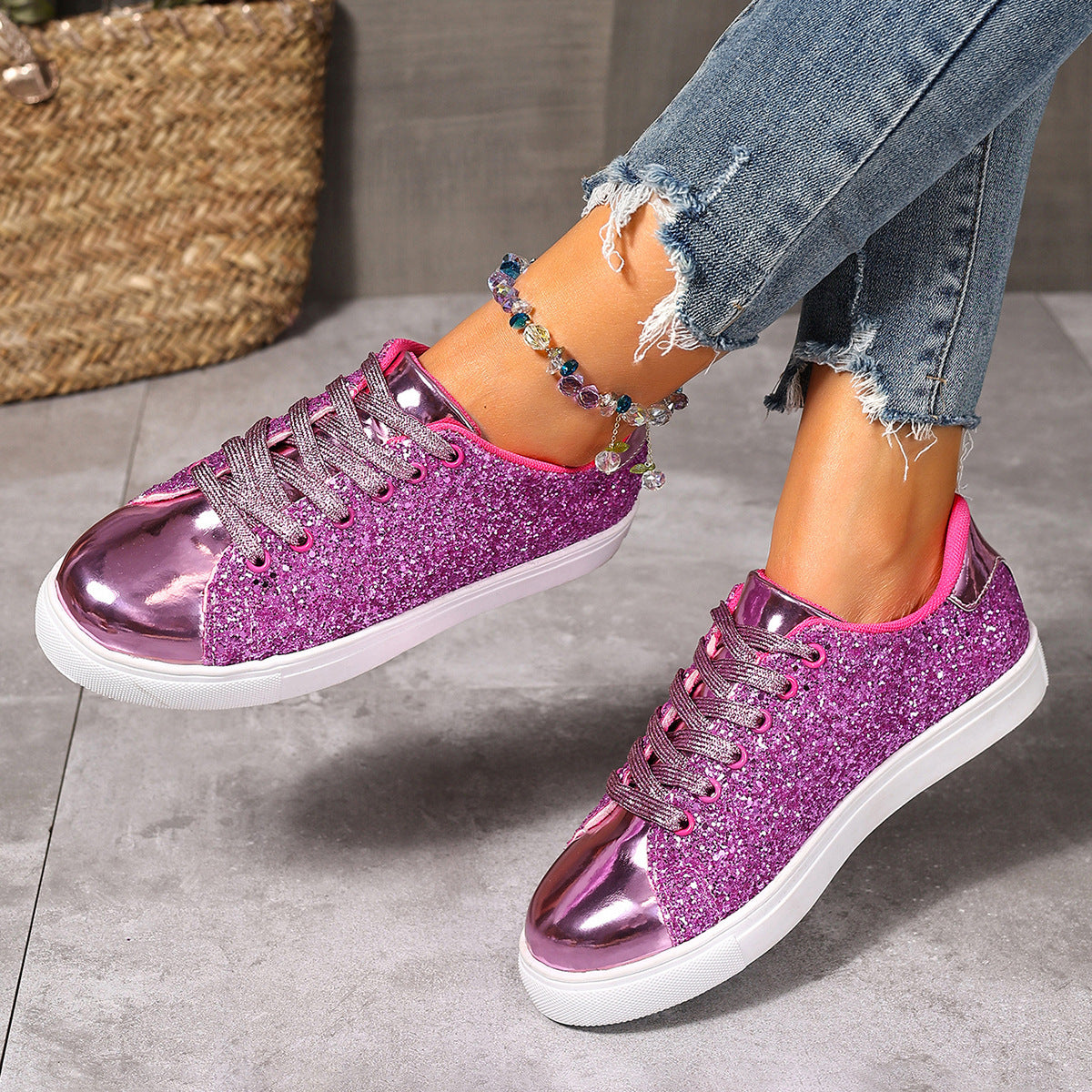 Chaussures de skate à lacets et paillettes grande taille, couleur unie