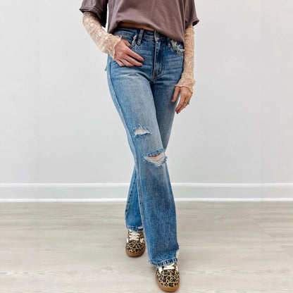 Jean déchiré, coupe slim, taille mi-haute,