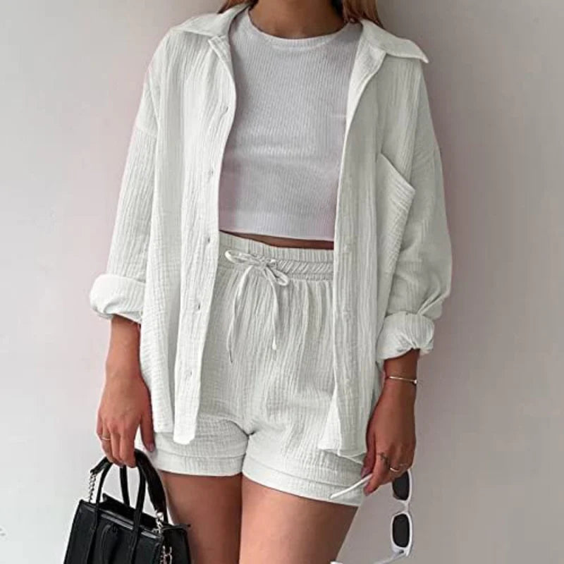 Ensemble Chambray Short Taille Haute - Style Décontracté Printemps