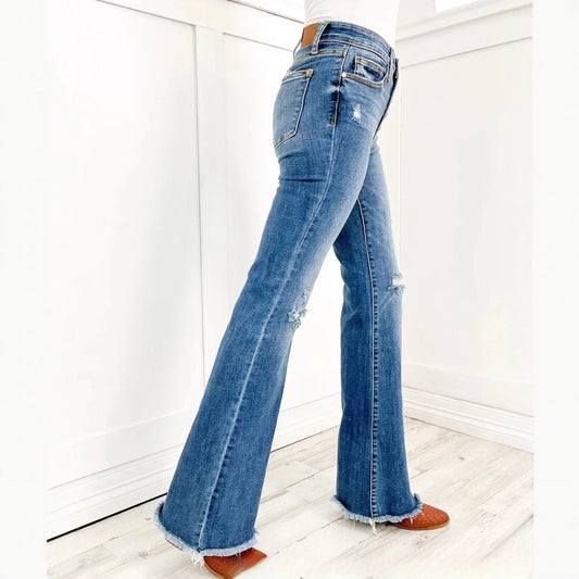 Jean slim rétro évasé taille haute stretch déchiré