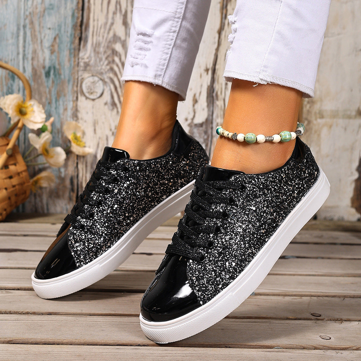 Chaussures de skate à lacets et paillettes grande taille, couleur unie