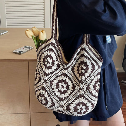 Sac fourre-tout tissé à la main de grande capacité, style rétro ethnique