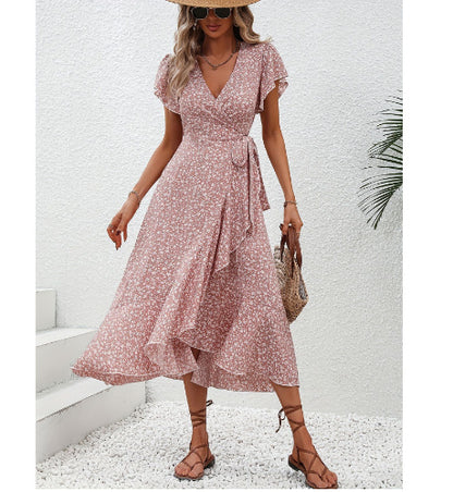 Robe Blanche Florale Taille Haute - Élégance Décontractée Mi-Longue