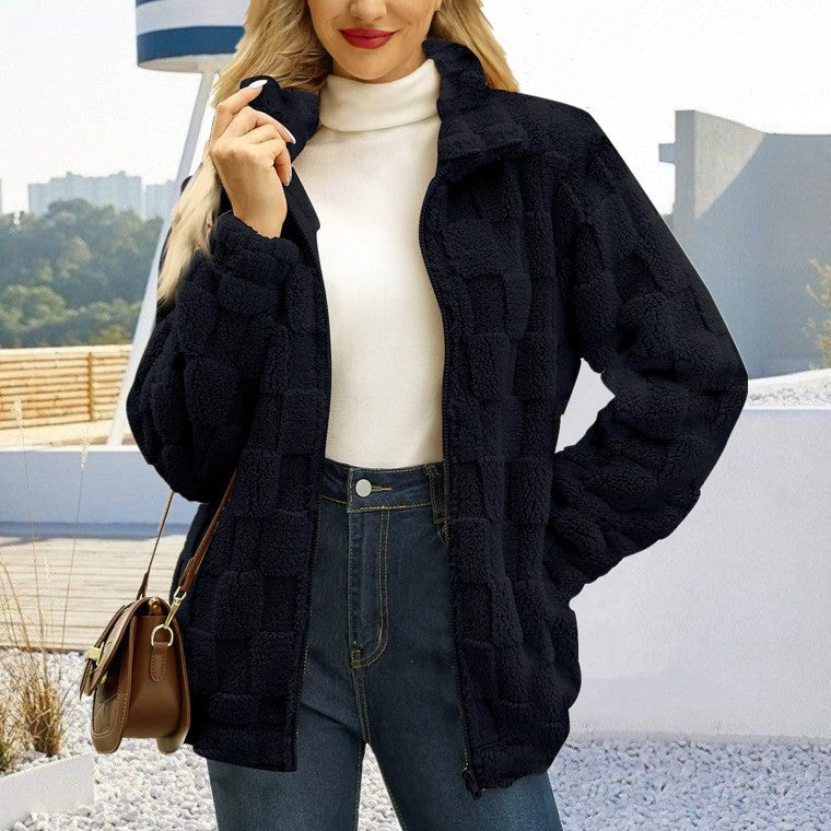 Manteau en peluche à carreaux jacquard carrés