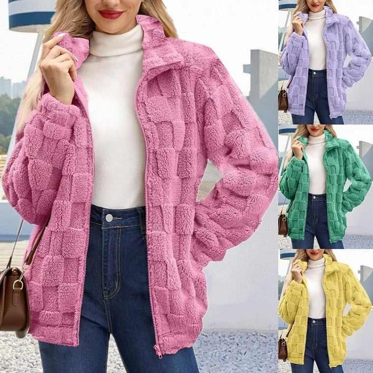 Manteau en peluche à carreaux jacquard carrés