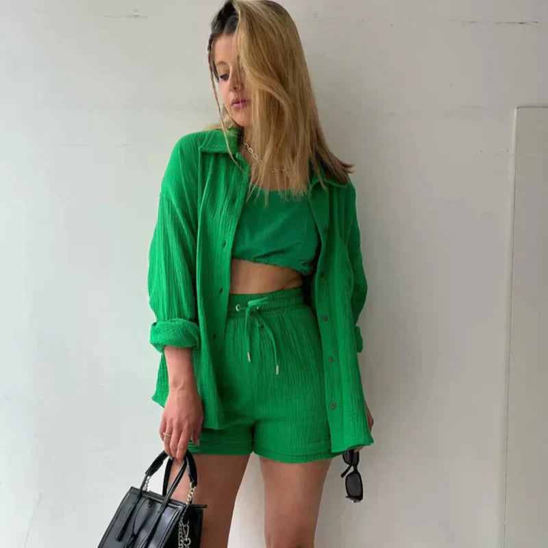 Ensemble Chambray Short Taille Haute - Style Décontracté Printemps