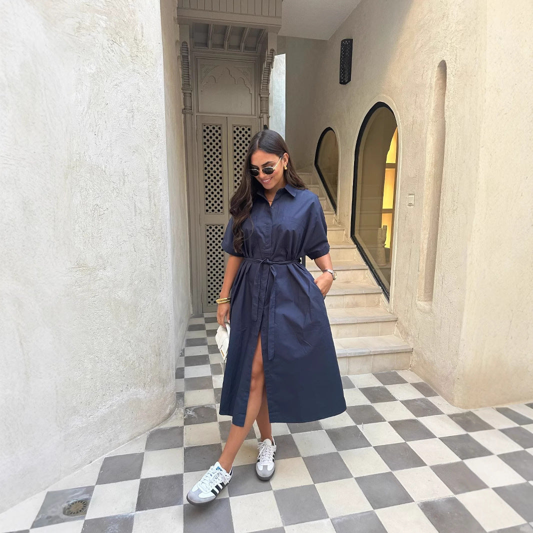Robe Chemise Longue Ceinturée - Style Trapèze Coton