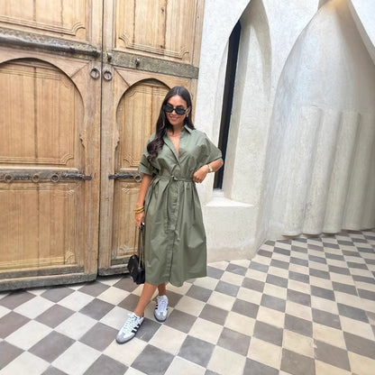 Robe Chemise Longue Ceinturée - Style Trapèze Coton