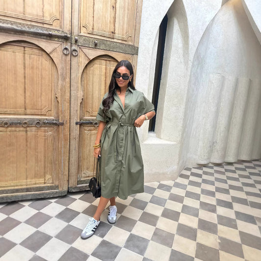 Robe Chemise Longue Ceinturée - Style Trapèze Coton
