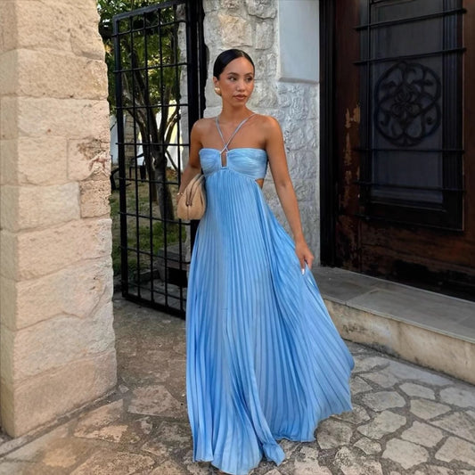 Robe Tube Plissée Sans Manches - Élégance Fluide Uni