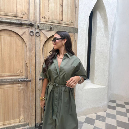 Robe Chemise Longue Ceinturée - Style Trapèze Coton