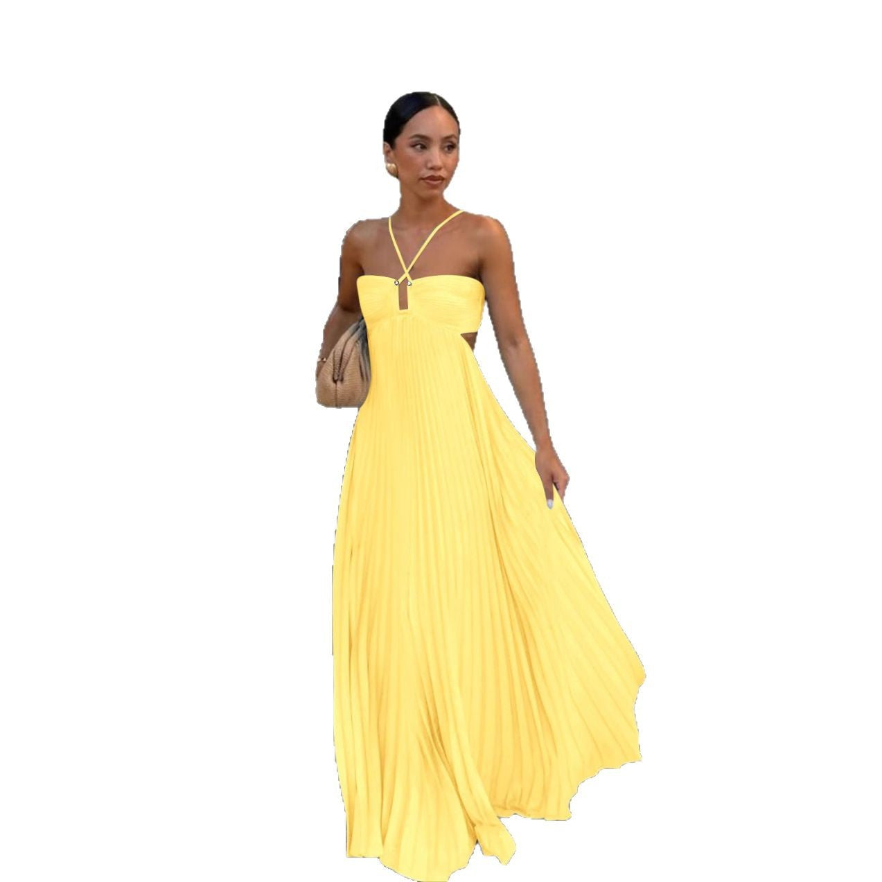 Robe Tube Plissée Sans Manches - Élégance Fluide Uni