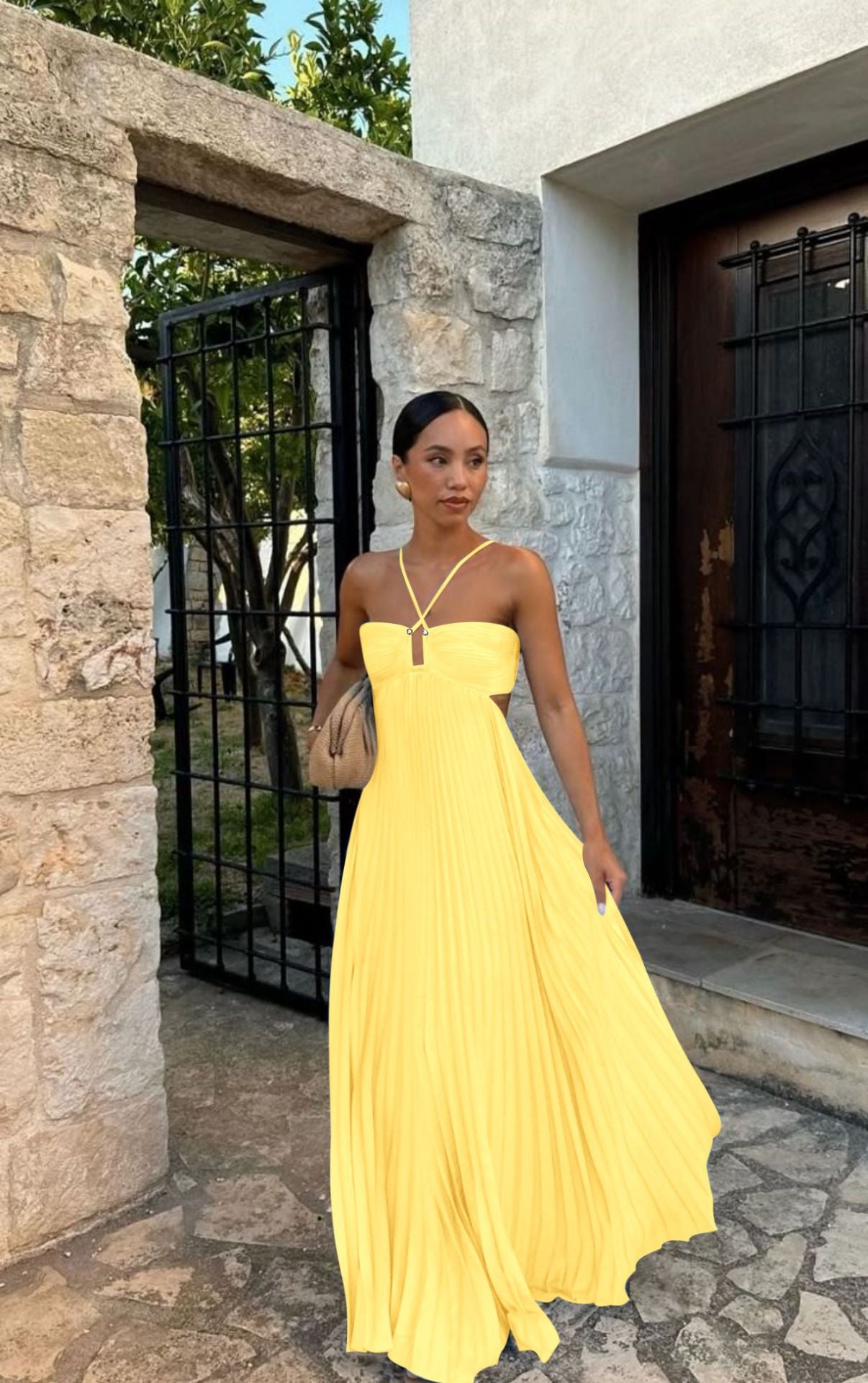Robe Tube Plissée Sans Manches - Élégance Fluide Uni