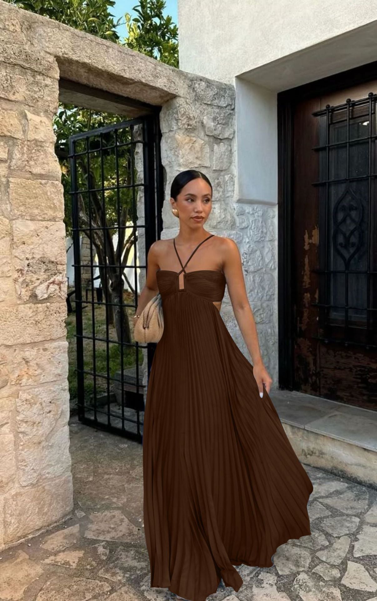 Robe Tube Plissée Sans Manches - Élégance Fluide Uni
