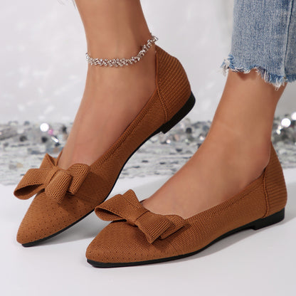 Escarpins pointus en tricot avec nœud et ouverture peu profonde pour femmes, style western, avec jupe plate
