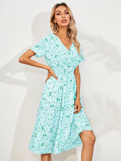 Robe Blanche Florale Taille Haute - Élégance Décontractée Mi-Longue