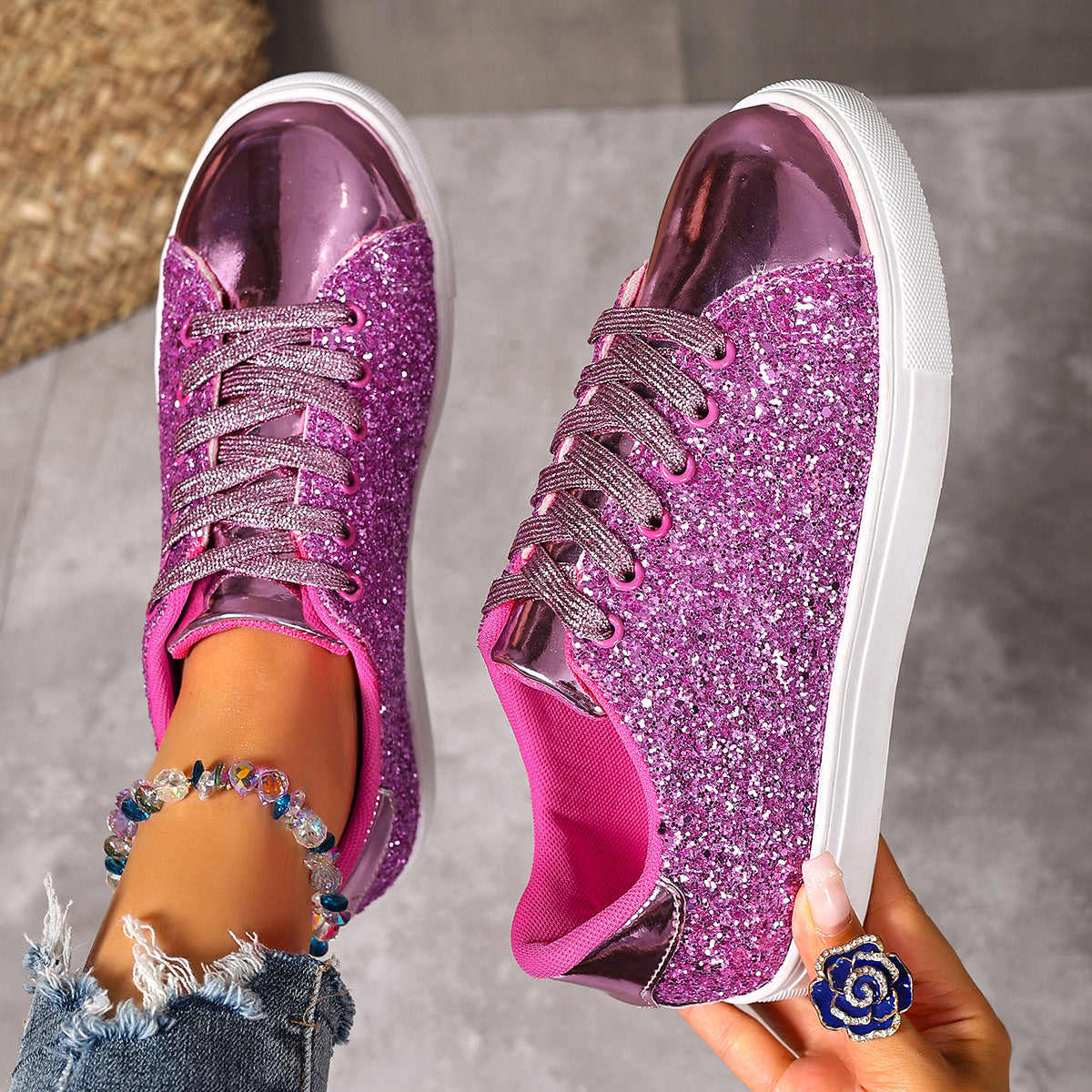 Chaussures de skate à lacets et paillettes grande taille, couleur unie