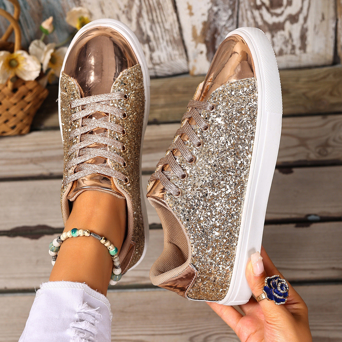 Chaussures de skate à lacets et paillettes grande taille, couleur unie