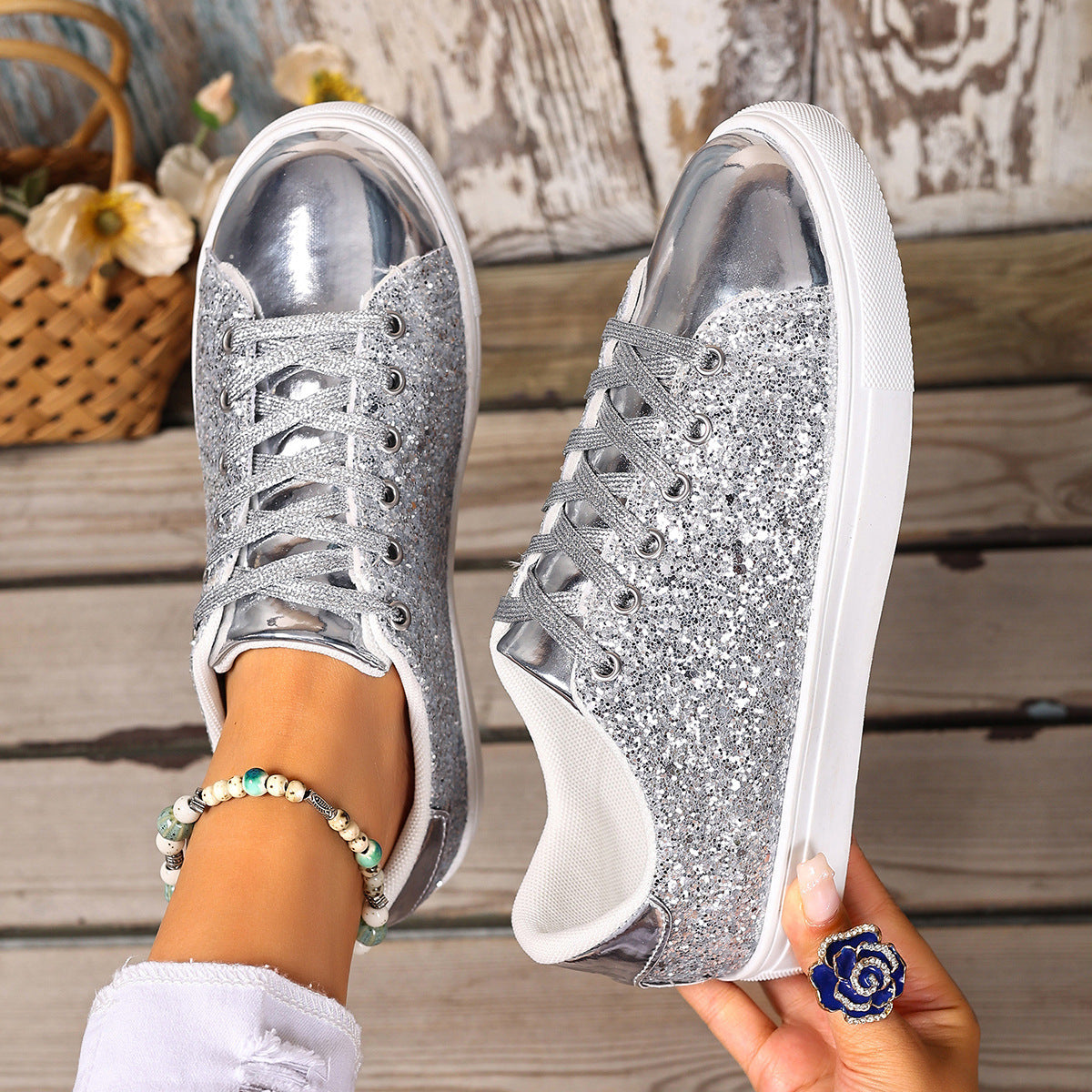 Chaussures de skate à lacets et paillettes grande taille, couleur unie