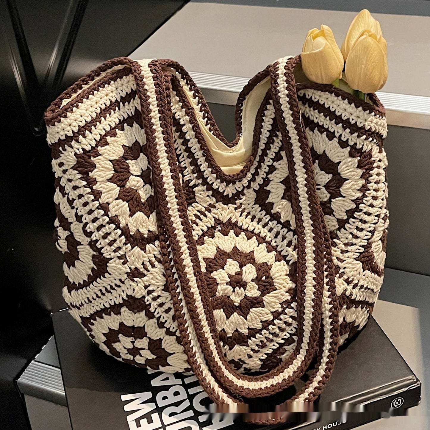Sac fourre-tout tissé à la main de grande capacité, style rétro ethnique