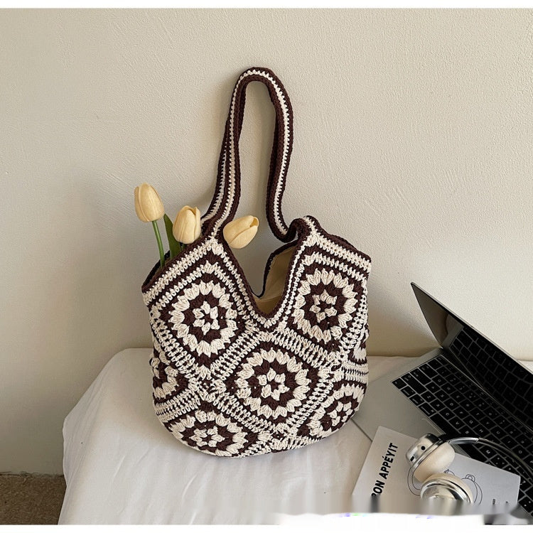 Sac fourre-tout tissé à la main de grande capacité, style rétro ethnique