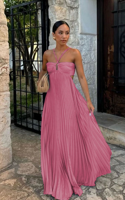 Robe Tube Plissée Sans Manches - Élégance Fluide Uni